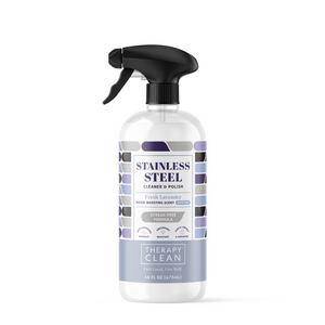 Stainless Steel Cleaner & Polish 16 oz., featuring a spray bottle with a black handle and purple-grey labeled can, designed for streak-free, fingerprint-resistant surfaces.