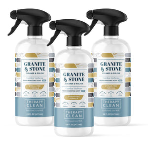 Granite & Stone Cleaner & Polish 3-Pack with black spray nozzles, offering streak-free shine and natural scent, ideal for maintaining stone surfaces.