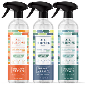 All-Purpose Cleaner - 3 Pack: three spray bottles, each labeled with distinct scents, designed for cleaning hard surfaces with natural, mood-enhancing fragrances.